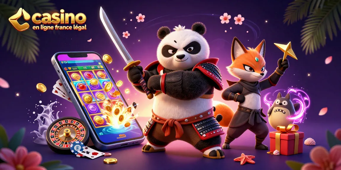 Illustration dynamique d'un casino en ligne légal en France avec panda guerrier et renard ninja.
