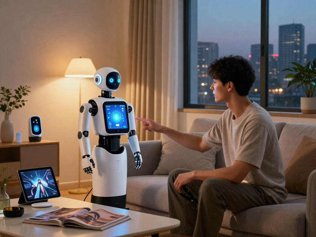 A user interacting with a humanoid sex bot in a modern, cozy environment, showcasing advanced technology and lifestyle integration.