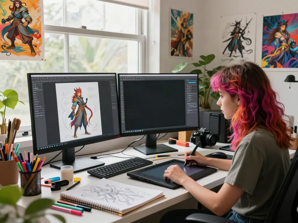 Artist using an AI character sheet generator in a vibrant studio