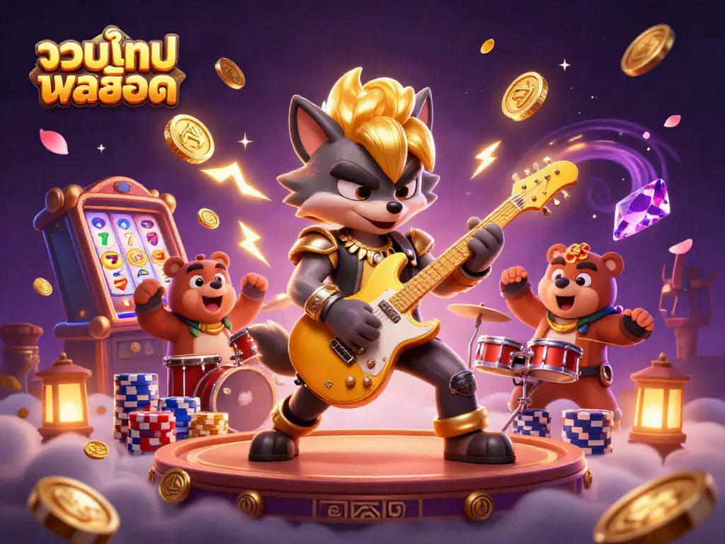 Experience the excitement of รวมเกมสล็อต with a lively wolf guitarist and bear drummer in a vibrant casino scene.