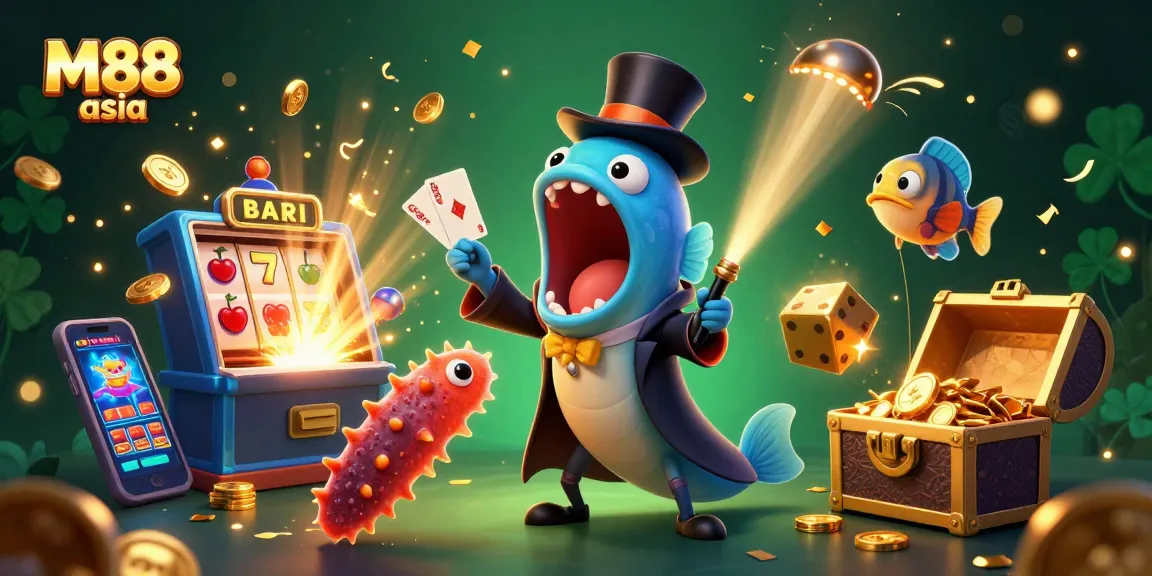 M88 asia showcases a vibrant gambling scene with a unique character lineup performing and interacting in an energetic casino atmosphere.