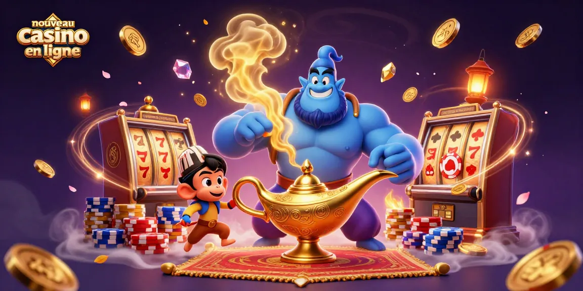 Action de jouer sur un nouveau casino en ligne avec une lampe magique, un génie bleu et des jetons de poker volants.