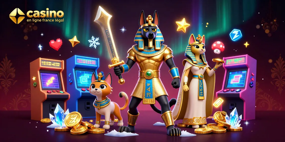 Jouer à des jeux sur un casino en ligne légal en France avec Anubis et Bastet dans une scène animée.