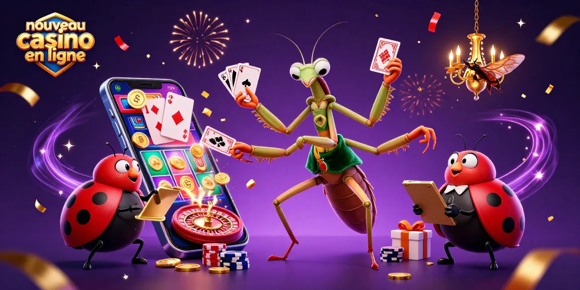 Illustration dynamique célébrant le nouveau casino en ligne avec des personnages colorés et des éléments de jeu éparpillés.