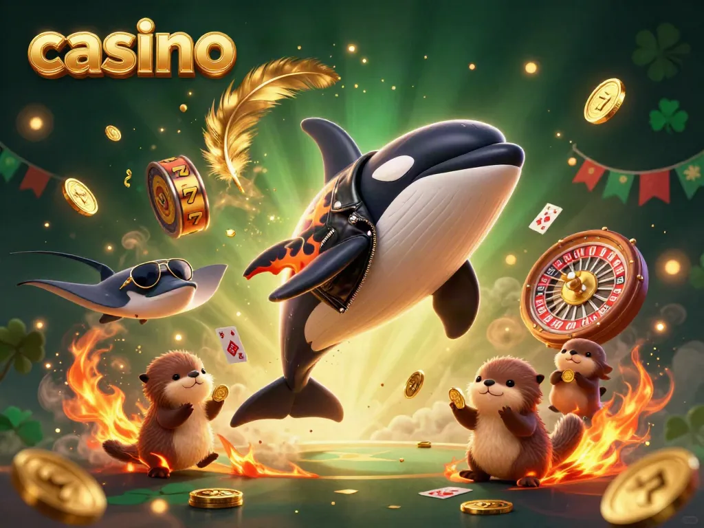 Engaging 3D casino scene showcasing vibrant characters including an orca whale, stingray, and sea otters enjoying coins in a dynamic setting.