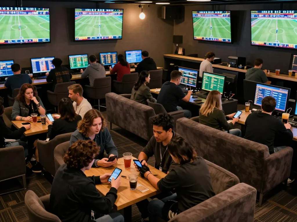 open88 bettors analyzing odds in an energetic sports betting lounge, vibrant atmosphere captures excitement of wagering.