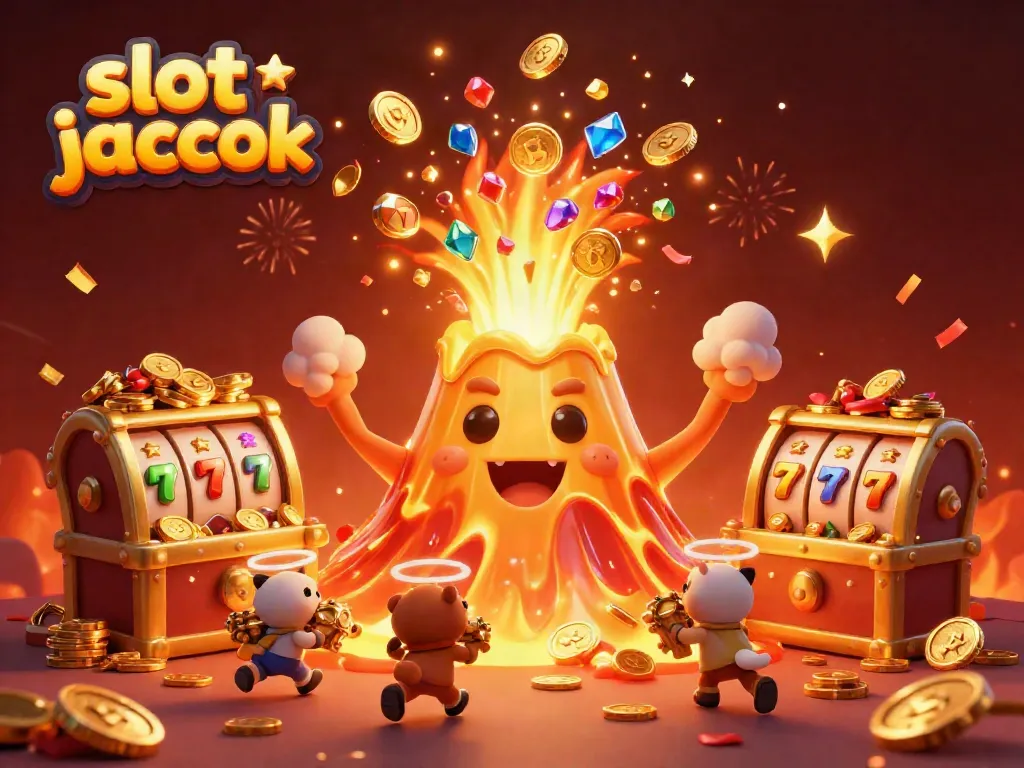 Spin to win with the slot jackpot as golden coins and gems erupt from a volcano.