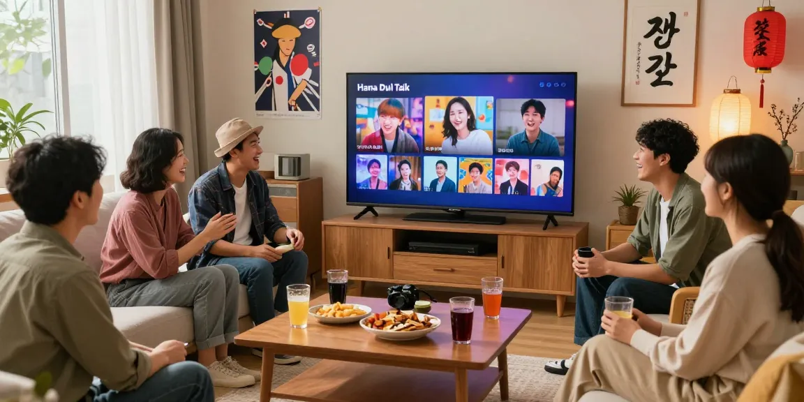 Friends enjoying high-quality content from https://hanadultalk.com in a warm, multicultural living room setting.