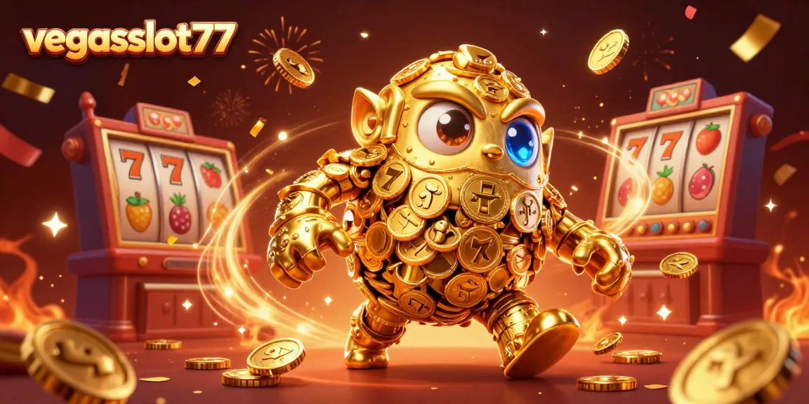 Experience the thrill of vegasslot77 with an energetic and dynamic 3D casino illustration showcasing golden golems and slot reels.