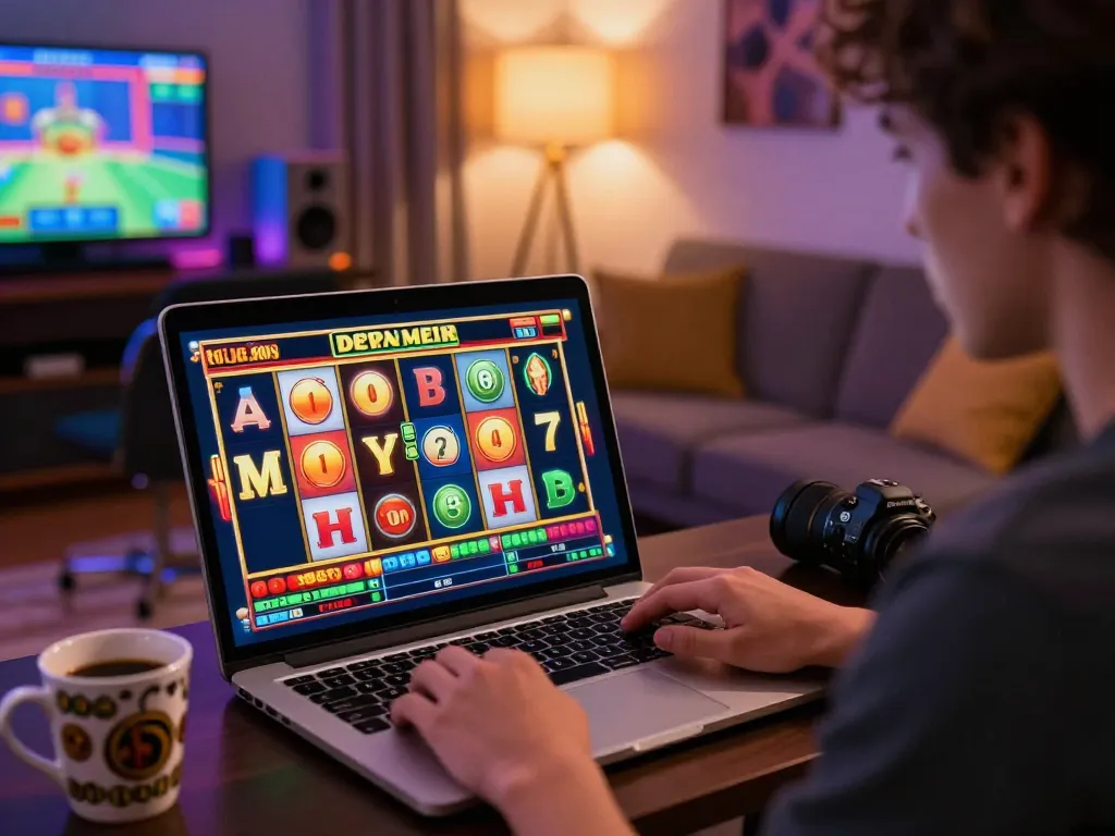 Engaged player enjoying online slot gaming with depo 25 bonus 25 featured on screen, cozy room atmosphere enhancing the experience.