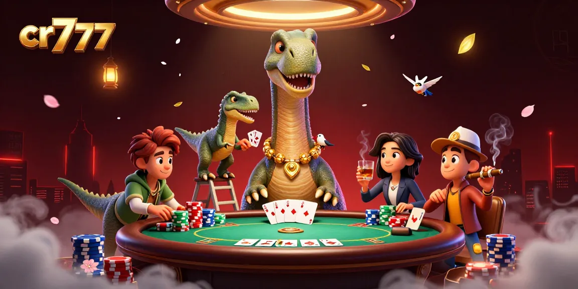 Mendapatkan kemenangan dengan cr777 di kasino, menampilkan meja poker, dan karakter dinosaurus.