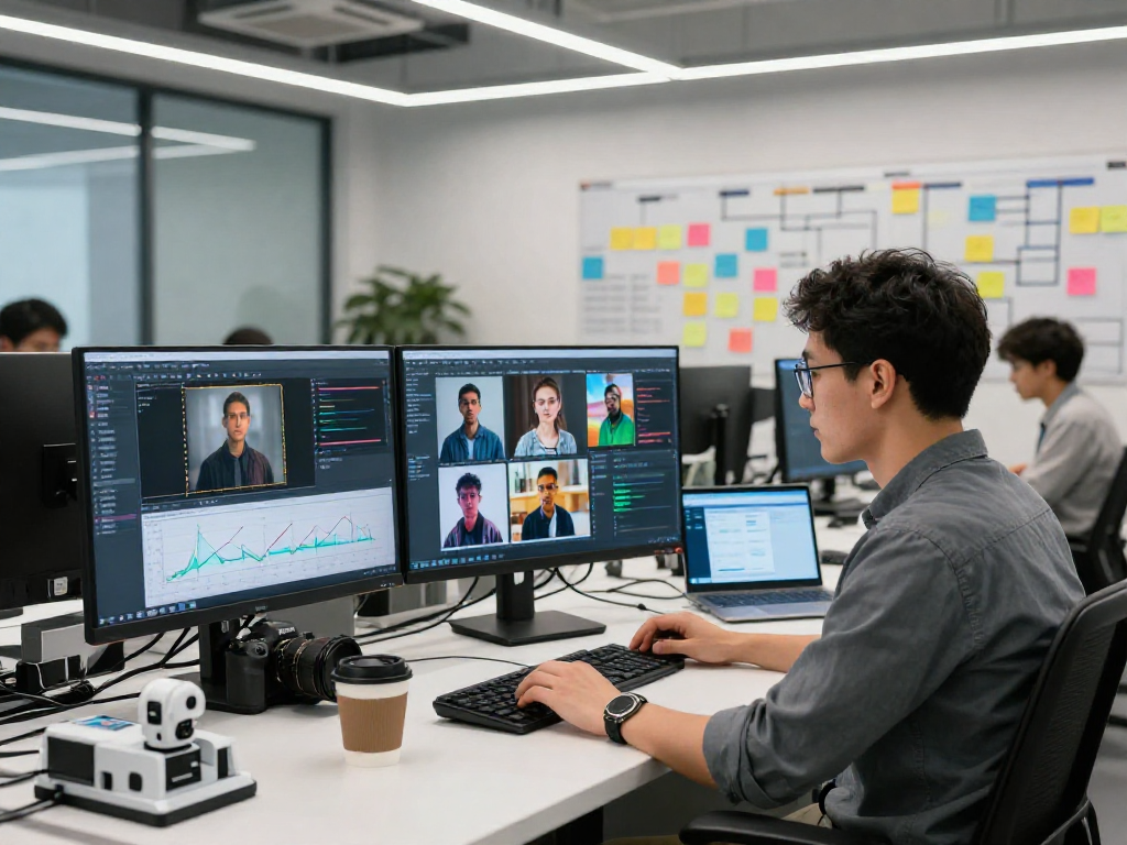 AI image detector in action at a modern content moderation lab with screens showcasing image analysis and accuracy metrics.