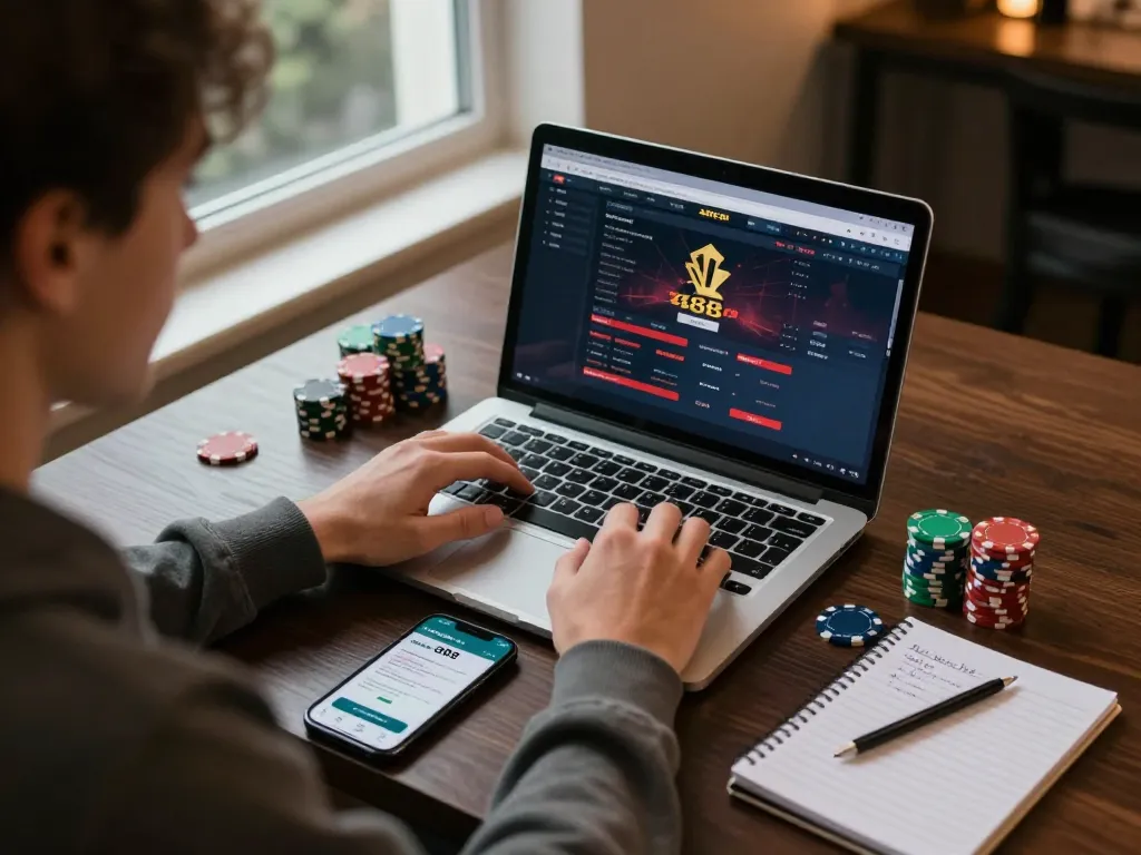 Engaged player using zx88 com for online gambling strategy with chips and notes.