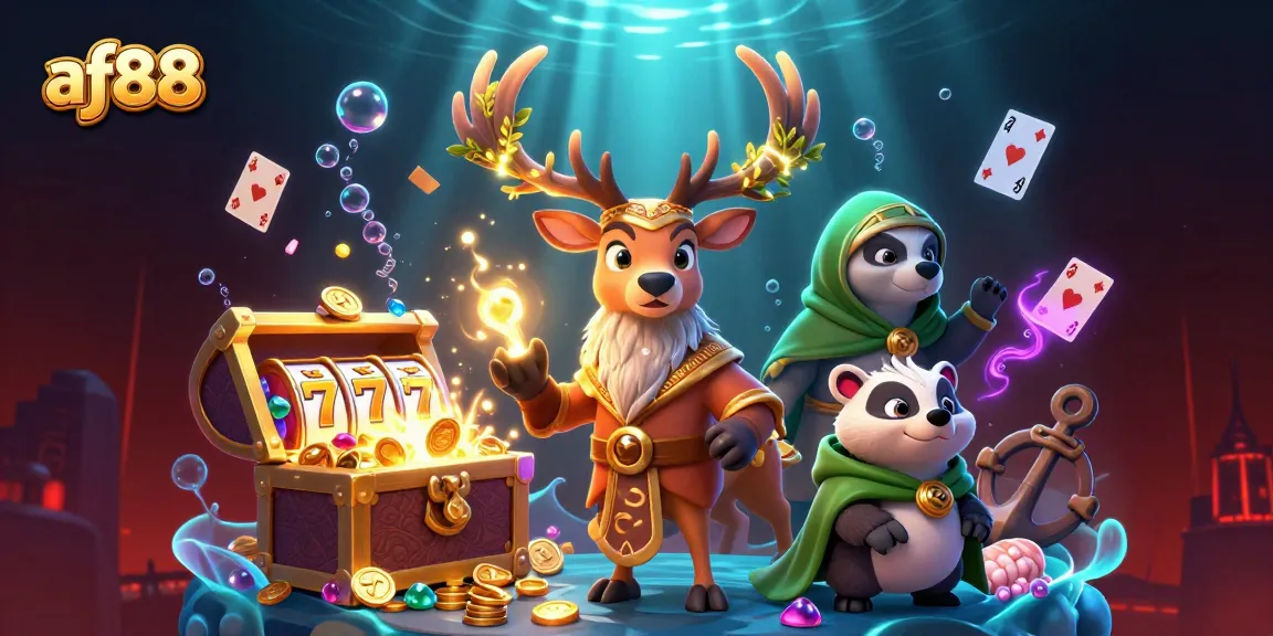 af88 offers an exciting gaming experience with a vibrant scene filled with gold coins, glowing characters, and dynamic casino elements.