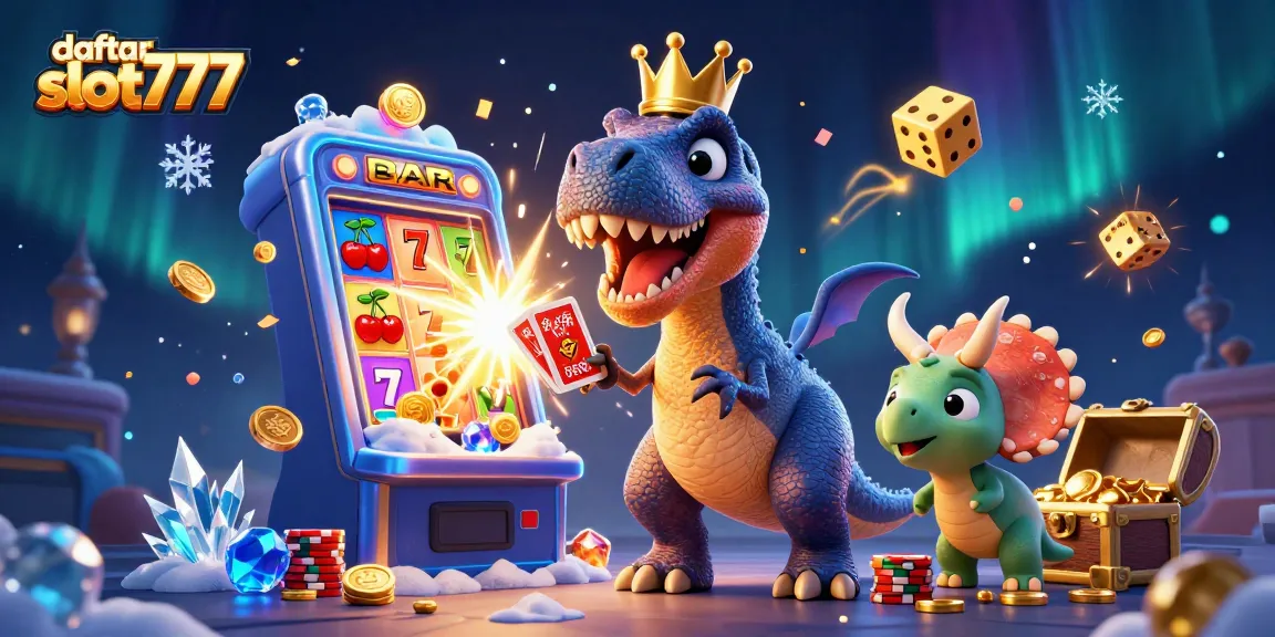 Play exciting games at daftar slot777 with a friendly dinosaur casino scene featuring a T-Rex and activities.