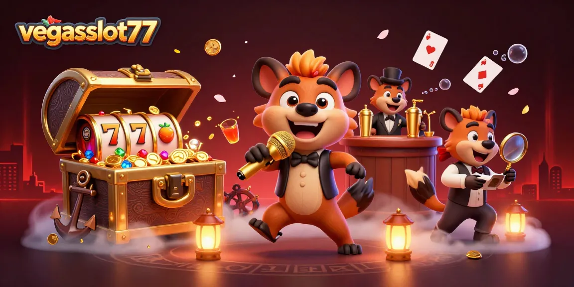 Experience the thrill of gaming at vegasslot77 with excited hyenas in a vibrant casino scene.