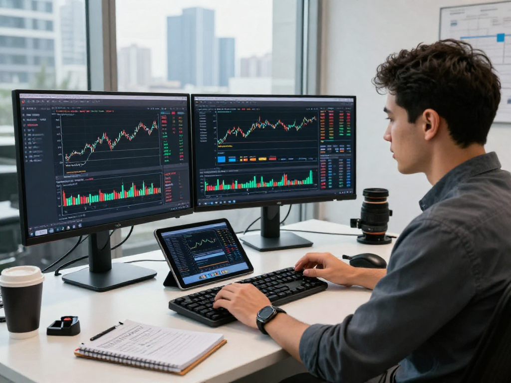 使用MetaTrader 5进行金融交易的现代办公环境，展现交易者专注于市场分析和实时数据的专业氛围