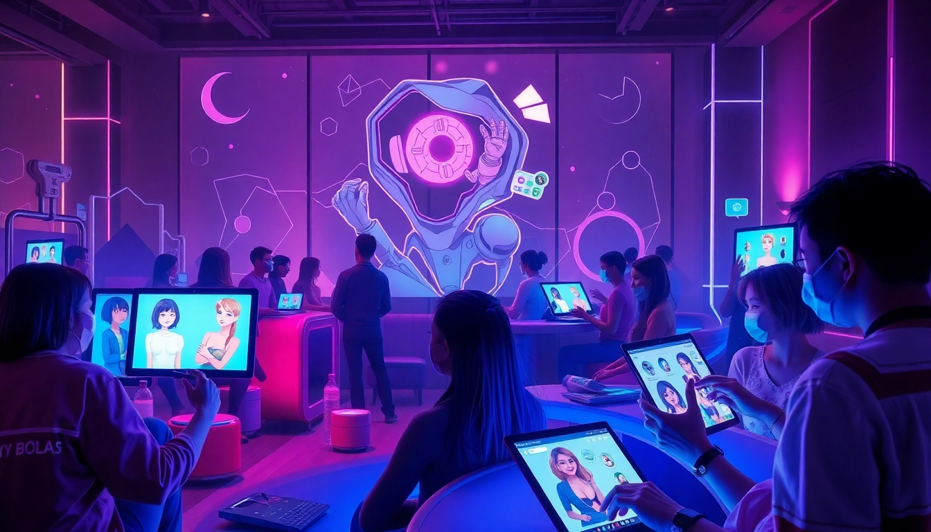 Engaging scene of users interacting with various nsfw ai chatbots in a modern digital lounge.
