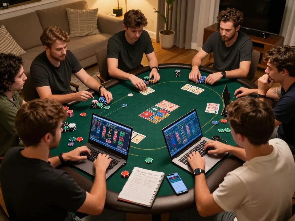 77WIN poker players enjoying a strategic game night at home with laptops and betting apps.
