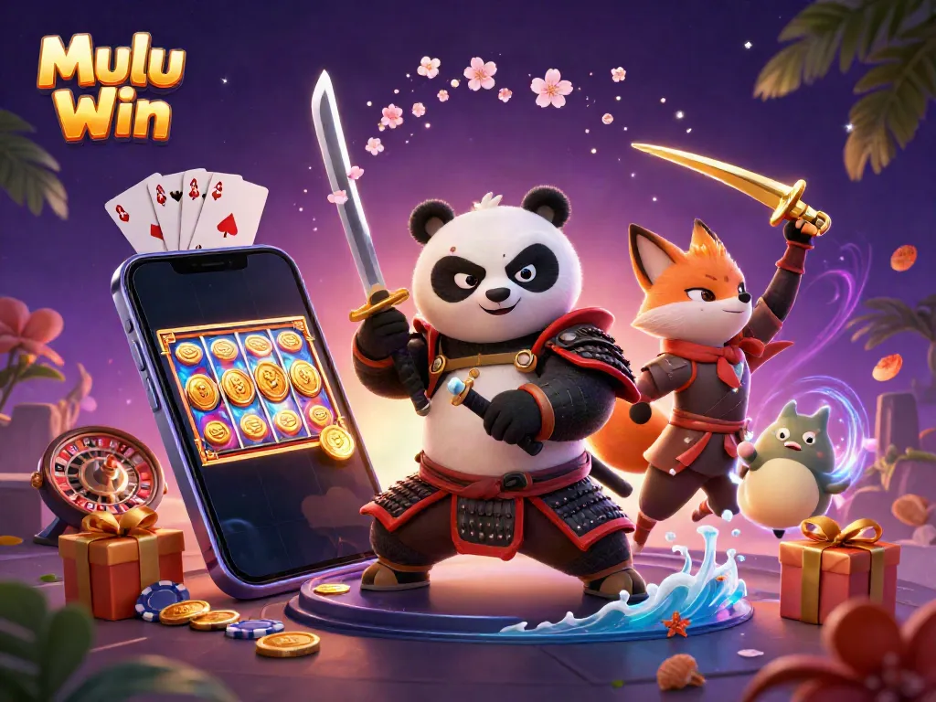 Mulu Win showcases a dynamic 3D illustration with a samurai panda, ninja fox, and spirit tanuki surrounded by exciting gambling elements.