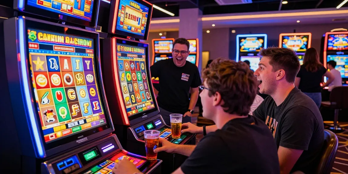 Experience the thrill of Bonus Buy Slots at https://aboutderbyshire.co.uk with excited players enjoying vibrant casino games, showcasing vivid graphics and lively atmosphere.