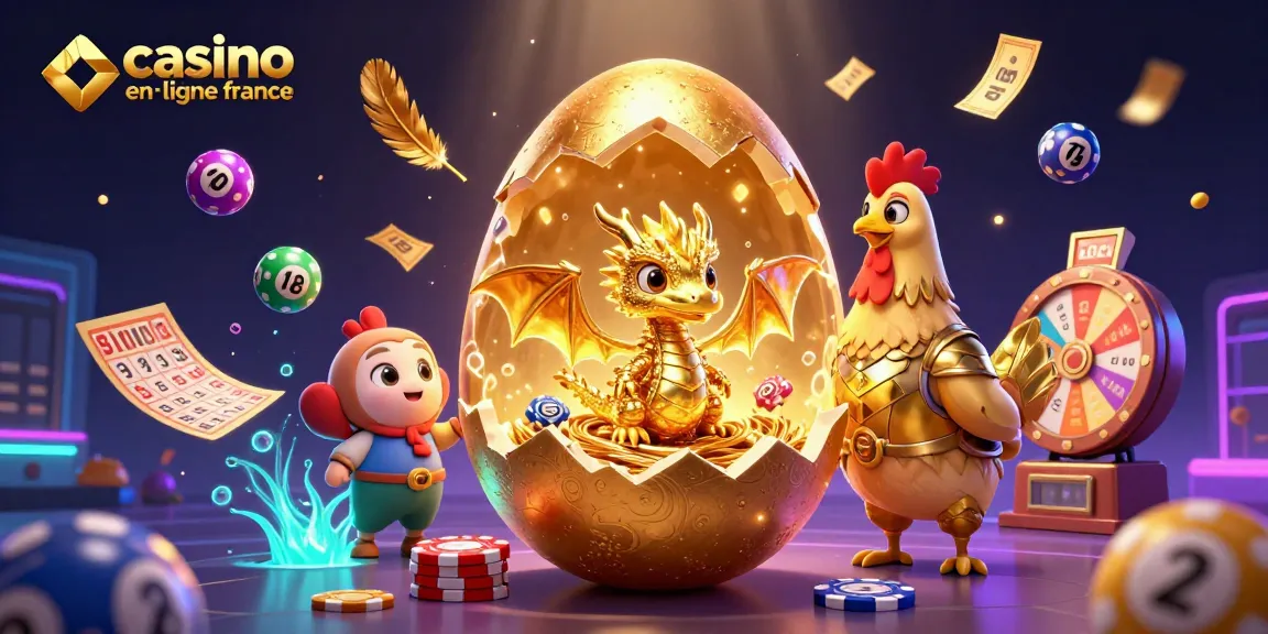 Jouez au casino en ligne France avec une illustration captivante de jeux et de dragons dorés.