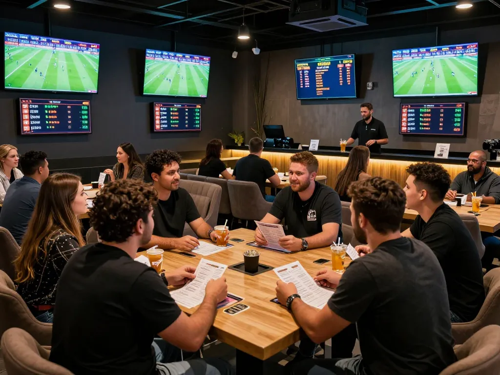 Engaged gamblers discussing strategies for 7meter parlay in a lively sports betting lounge