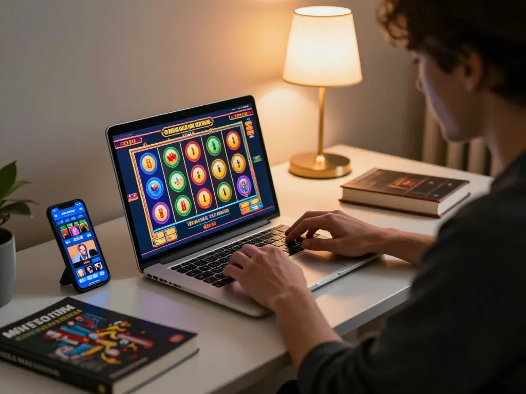 Player engages with slot gacor sore ini on a laptop during a cozy home gaming session.