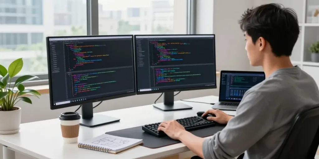Software development workspace featuring a coder at dual monitors showing colorful syntax highlighting, reflecting https://notepad-app.co/.