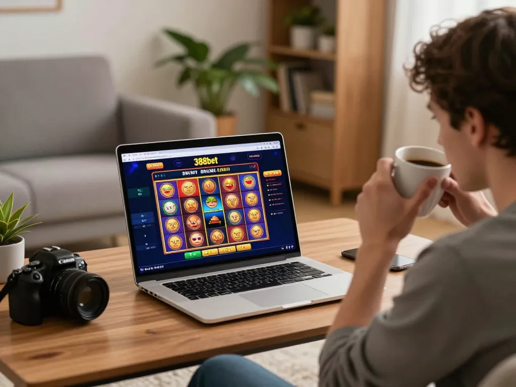 Engaging online gaming at home with 388bet casino on laptop screen, showcasing strategic play.