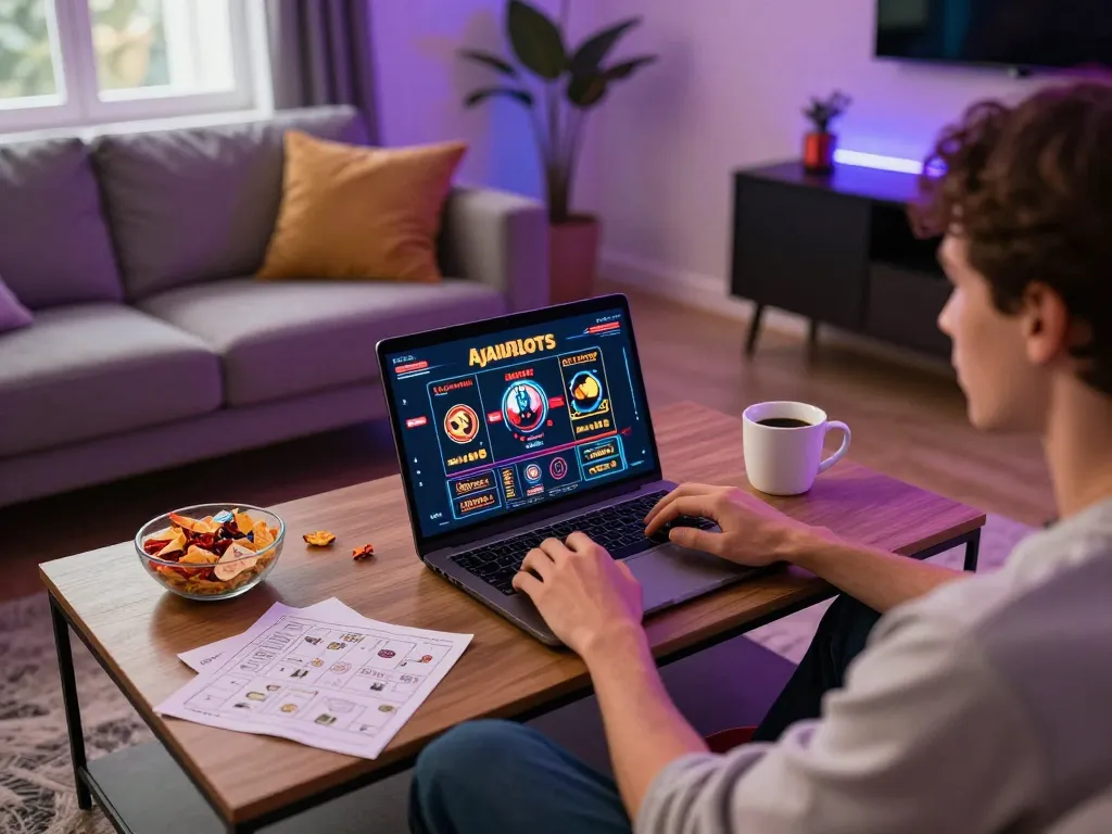 Playing Link Slot Gacor on a laptop in a cozy home environment while enjoying snacks and strategy notes.