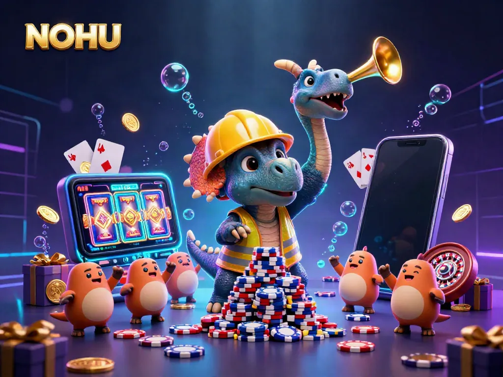 NOHU features an exciting triceratops stacking poker chips while celebrating, symbolizing the thrill of casino gaming.