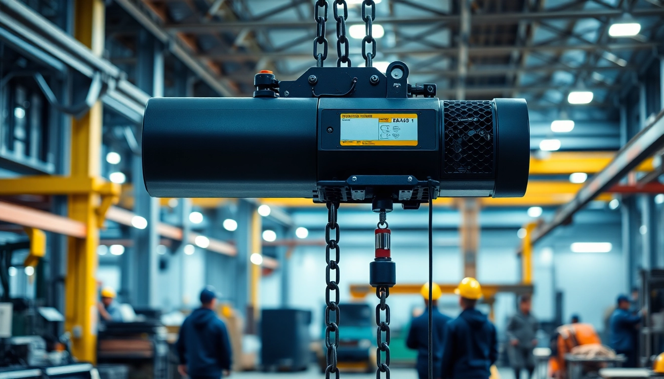 Efficient electric chain hoist crane lifting heavy materials in an industrial setting.