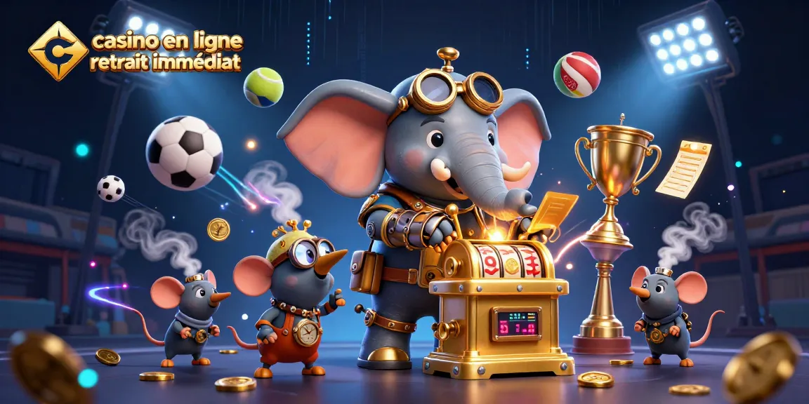Jouer au casino en ligne retrait immédiat avec une machine à sous dorée et des ballons sportifs.