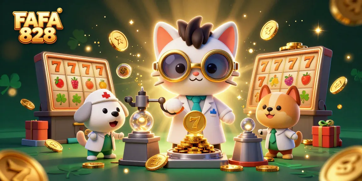 Engage with FAFA 828 in an exciting slots scene featuring a mad scientist cat and dog, gambling elements abound.