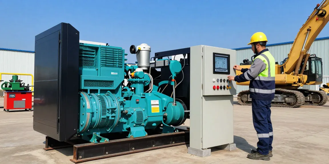 Diesel generator in operation at an industrial site with technician inspecting controls and machinery.