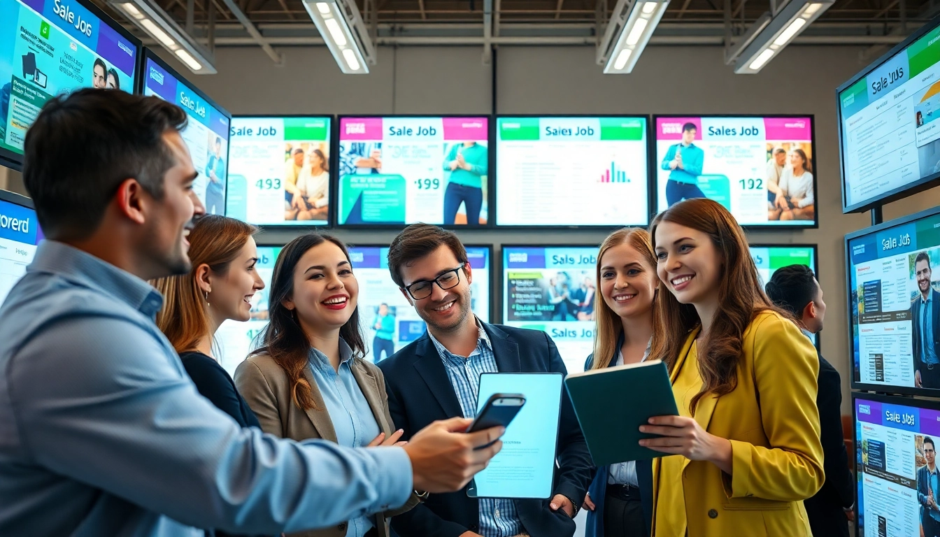 Individuals engaging with sales job boards in a modern office setting showcasing vibrant technology.