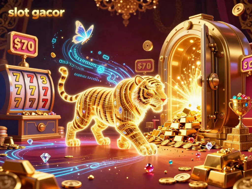Experience the excitement of slot gacor with a golden tiger in a vibrant casino scene featuring dynamic game elements.