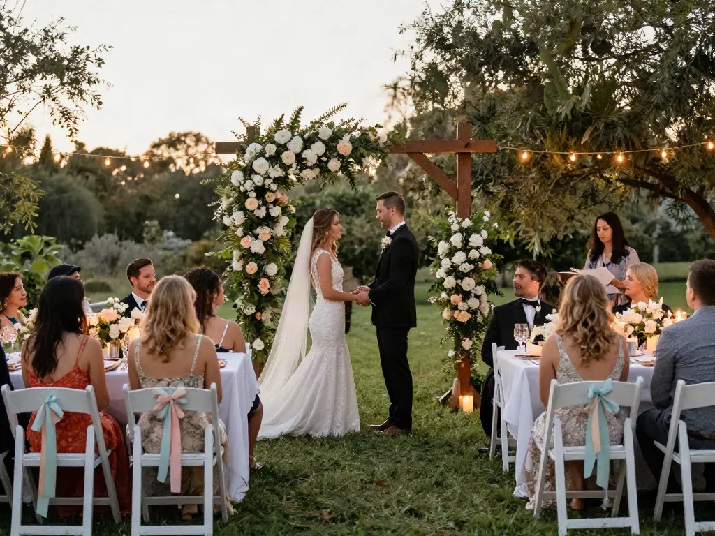 Event rentals showcased at a romantic outdoor wedding ceremony with floral arch and elegant decorations.