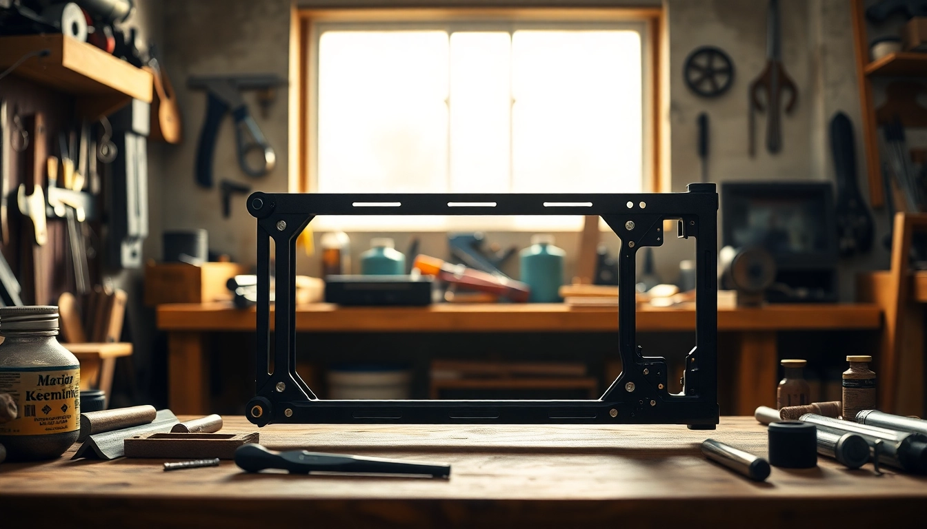 Assembling polymer80 pf940v2 frame kit showcased with tools in a workshop.