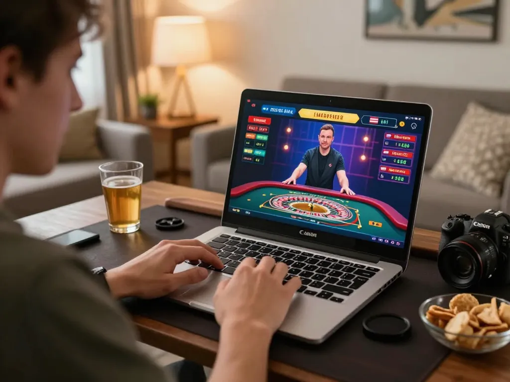 Player engaging with an online casino game on 888top, showcasing live dealer interaction and a relaxing home environment