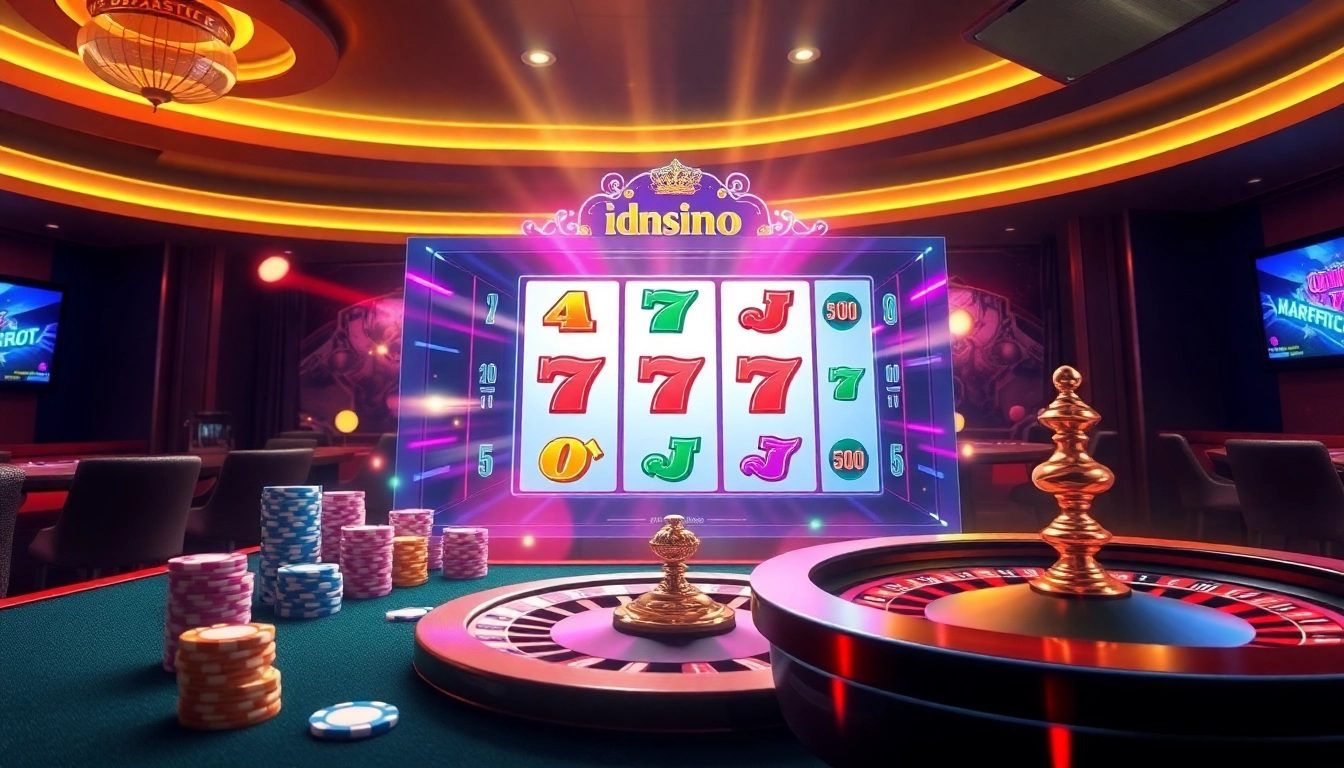 Experience thrilling gameplay at idnslot with vibrant online casino visuals of slot machines and poker chips.