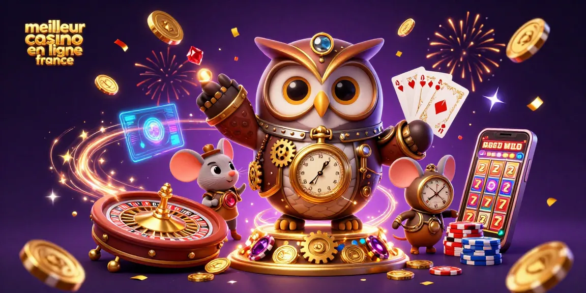Illustration 3D dynamique sur le meilleur casino en ligne France avec des personnages animés, pièces d'or et effets lumineux