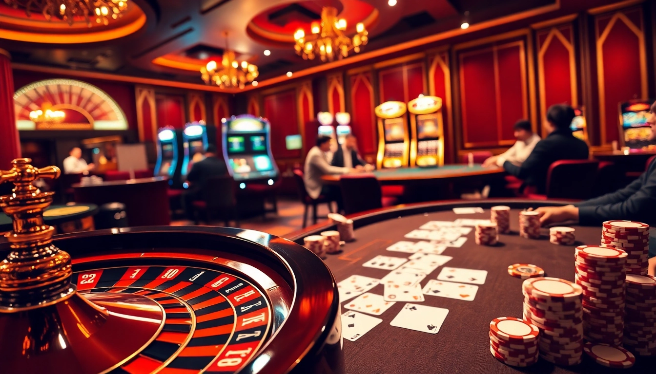 Scène captivante de casino en ligne Français 2026 avec roulette, poker et machines à sous vibrantes.