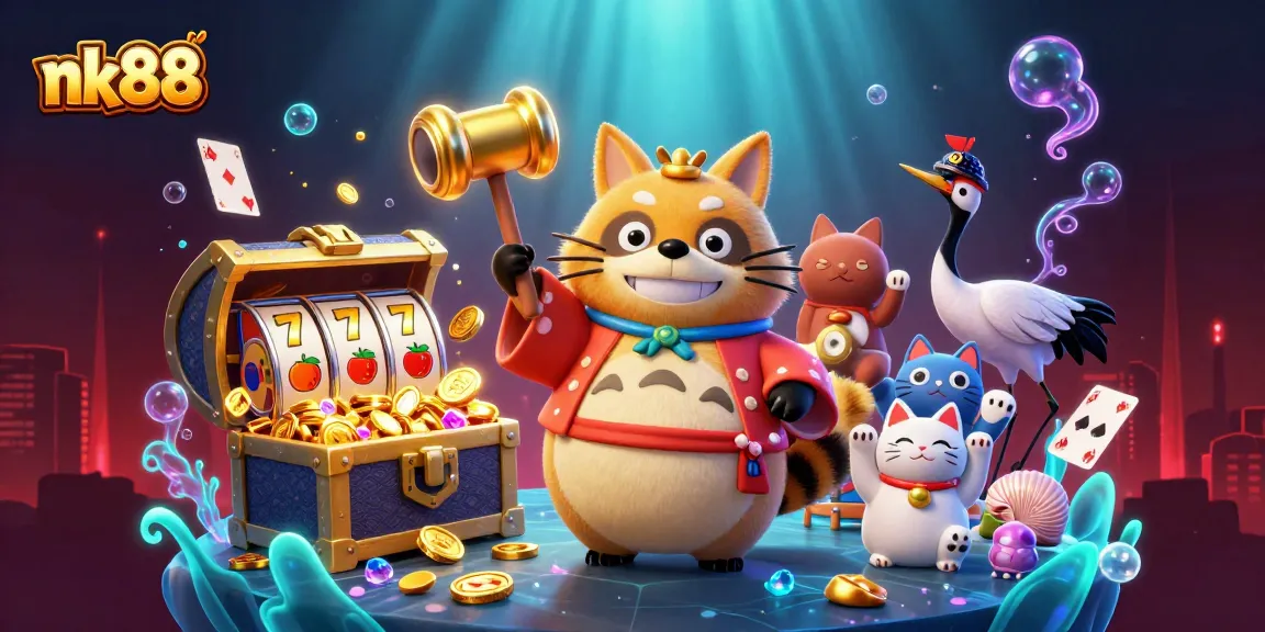 Engage with thrill at nk88 casino, featuring a cheerful tanuki, lucky symbols, and vibrant gaming elements.