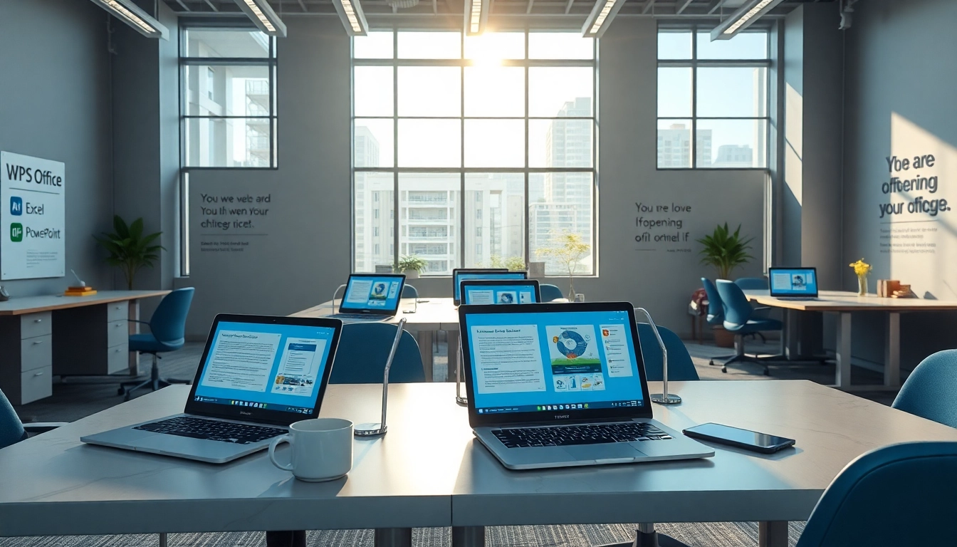 现代办公室环境，桌面整洁，显示 WPS Office 软件，营造高效的工作空间。