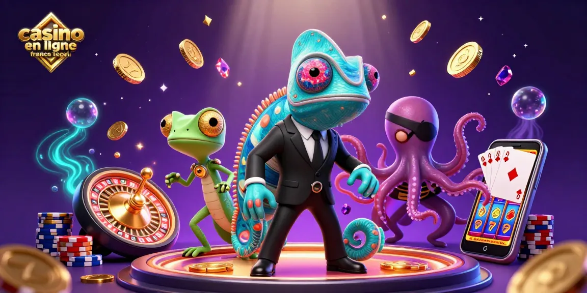 Illustration représentant casino en ligne France légal, avec un caméléon agent secret et des éléments de jeux d'argent.