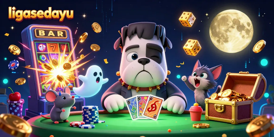 Engage with ligasedayu's exciting card games led by a mischievous Frankenstein bulldog at a lively casino.