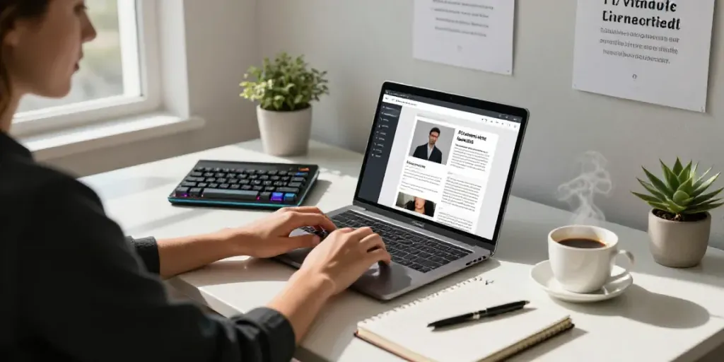 Writer creating newsletter content with AI in a modern workspace.
