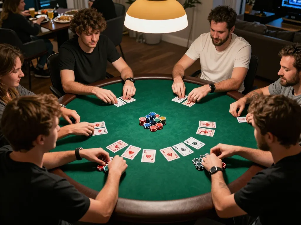 Suasana malam permainan poker yang seru dengan teman-teman menunjukkan permainan strategis di platform website resmi